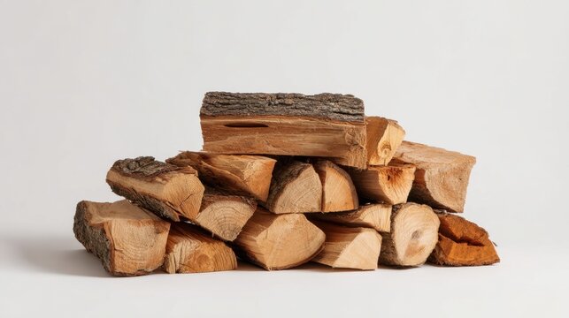 A pile of wood logs stacked on top of each other. The logs are brown and have a rustic appearance. Concept of warmth and coziness
