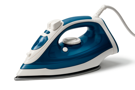 Blue and white electric steam iron with ergonomic handle and temperature dial shown on a transparent background, representing home appliance and laundry care concept