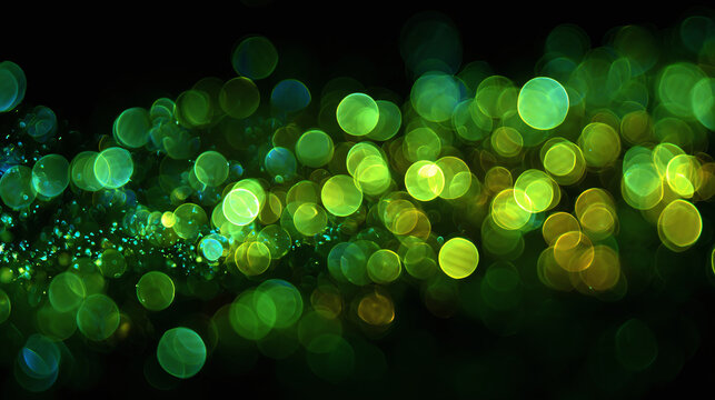 abstract green bokeh lights glowing in dark