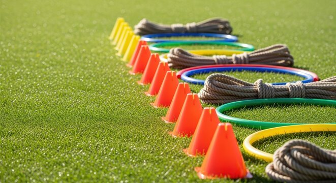 colorful training cones and hoops on green field for outdoor sports exercises or obstacle course