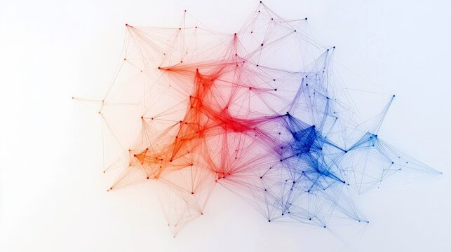A complex, abstract network of interconnected points and lines, transitioning from red to blue, set against a clean white background.