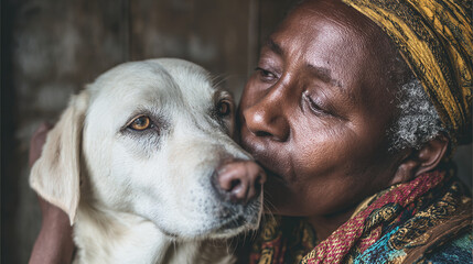 black elderly woman cuddeling with her dog