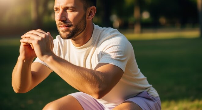 young man squatting outdoors in park during sunset for fitness and mindfulness exercise