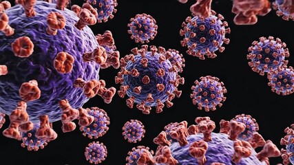 Microscopic view of Coronavirus particles and human cells. - Powered by Adobe