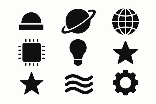 Collection of bold silhouette icons: planet, chip, globe, lightbulb, stars, waves, gear