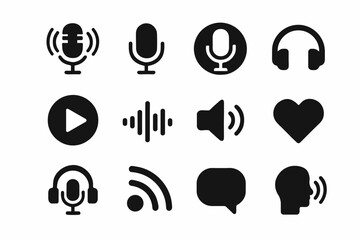 Audio and communication icons set: microphone, headphones, play, volume, heart
