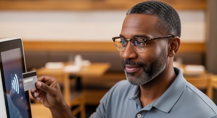 smiling mature man using contactless card payment at modern cafe terminal with confidence