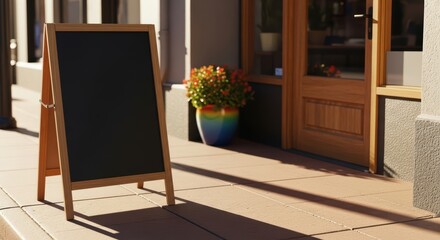 Outdoor blank chalkboard sign on sunny sidewalk near shop entrance