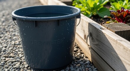 Fototapeta premium grey bucket collecting rainwater in a home garden beside vegetable patch and gravel path