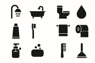 Silhouette icons of bathroom essentials: shower, bathtub, toilet, and hygiene items