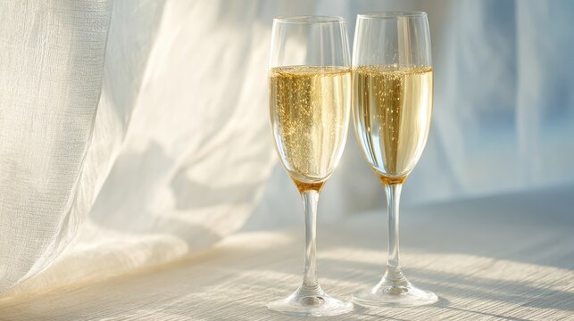 Two wine glasses filled with sparkling wine sit on a table. The glasses are almost empty, with only a small amount of liquid left in them. Concept of relaxation and enjoyment