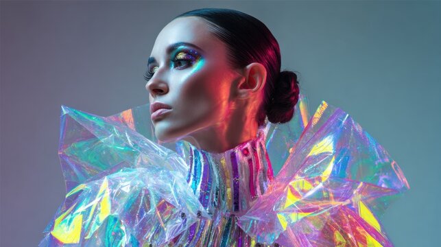 In a modern studio a fashion model poses confidently wearing a striking outfit made of iridescent material. Bright makeup enhances her features creating a captivating look.