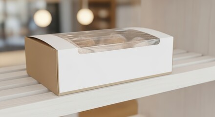 Bakery box on wooden shelf with transparent window for displaying pastries