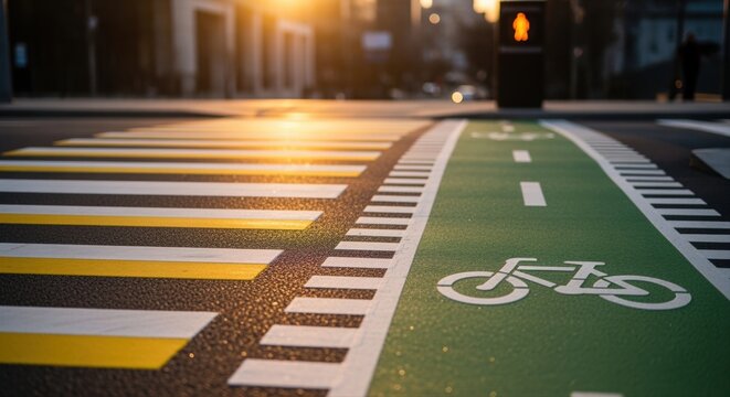urban bicycle lane and crosswalk highlighted in morning sunlight with cityscape background