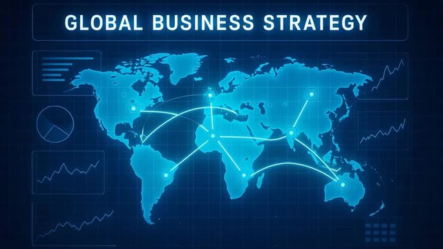A detailed digital map illustrating global business strategies and connections, showcasing graphs and analytics for decision-making. - Powered by Adobe