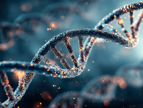 Illustration of a dna double helix with a glowing, high-tech appearance