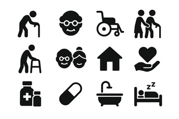 Elderly care icons: mobility, health, and well-being symbols