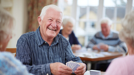 senior grandparent playing cards in senior home resident
