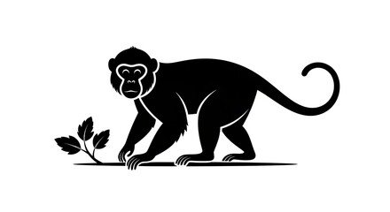 Silhouette of monkey with leafy sprig illustration