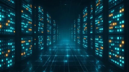 Futuristic data center corridor filled with glowing server racks, showcasing advanced technology and digital connectivity. - Powered by Adobe