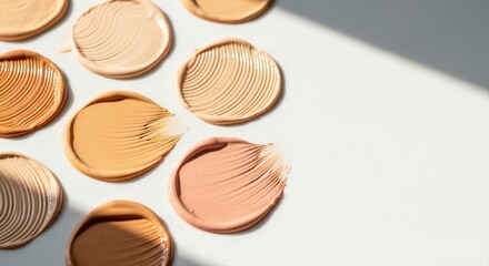 various shades of foundation makeup swatches on a white surface under natural light