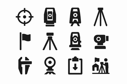 Surveying equipment icons set featuring total stations and tripods