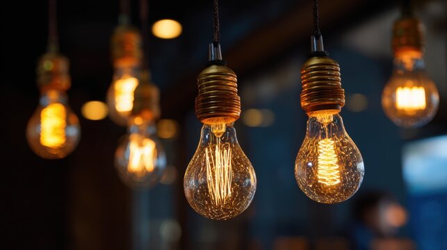 A group of vintage light bulbs hanging from the ceiling. The bulbs are warm and yellow, giving off a cozy and nostalgic atmosphere