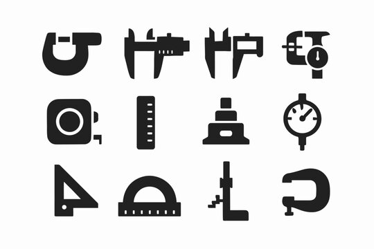Silhouette icons of measuring tools including calipers and ruler