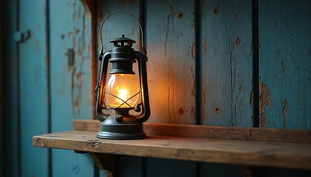 Old lantern glows on wooden shelf against rustic teal wood panels. Antique lamp illuminates with warm light in dark. Decorative vintage lantern on weathered wooden background for home decor.