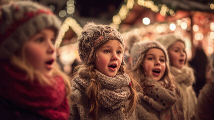 young children in winter singing christmas carols on christmas market