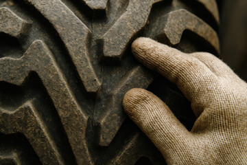 Tire Tread Inspection: Close-up of a hand examining the rugged tread of a tire, emphasizing the grip and texture, indicative of durability and road readiness.
