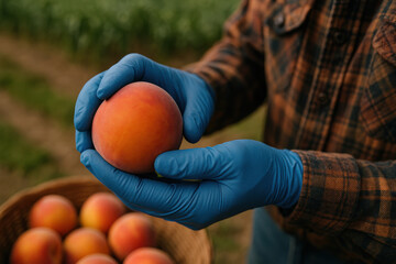 Ripe Peach in Hand: Close-up of hands wearing blue gloves cradling a perfect peach, showcasing the care and quality in harvesting.