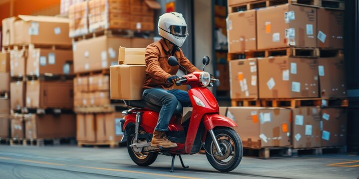 Courier riding scooter delivering packages from warehouse - Powered by Adobe