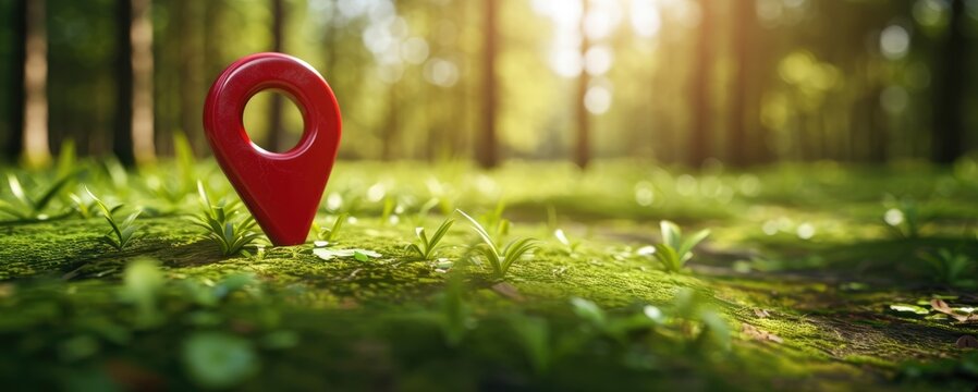 Red location pin marker standing in forest
