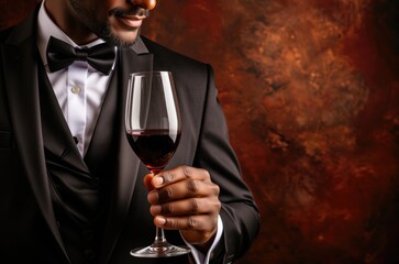 Elegant man enjoying red wine in tuxedo