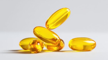 Gel capsules are scattered on a clean white surface showing their vibrant yellow color. These capsules are commonly used in health supplements for various benefits.
