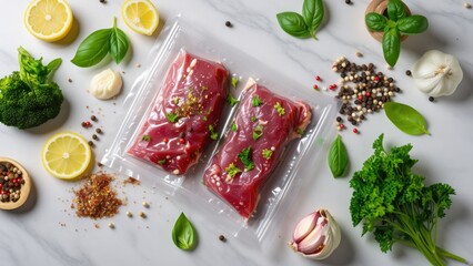 Sous vide meat vacuum sealed with spices and herbs