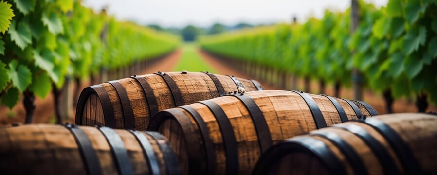 Wooden barrels aging wine in a vineyard