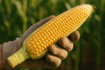 Golden Corn: A close-up view of a hand holding a ripe, golden corn, showcasing its freshness and vibrancy in a natural setting.