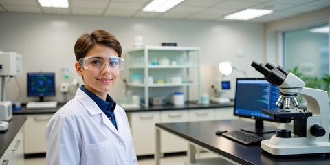 Woman scientist wearing safety glasses working in a lab