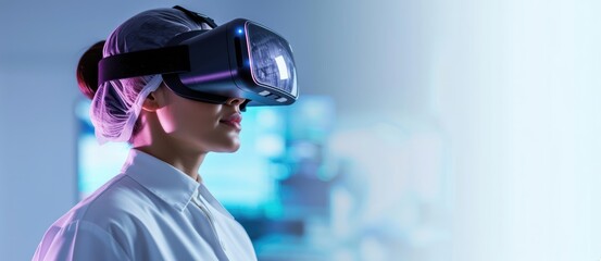 Woman wearing vr headset working in metaverse research lab