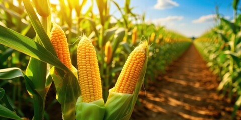 Obraz premium Ripe corn cobs growing in sunny agricultural field