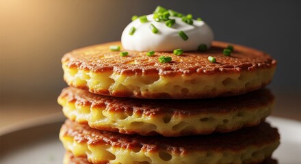stack of golden potato pancakes topped with sour cream and chives in warm kitchen setting