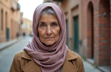 An elderly Arab woman in a hijab looks at camera on street. The photo features an older muslim person with a serious facial expression. She wears headscarf and coat outdoors.
