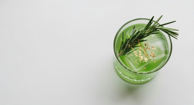 refreshing green cocktail with rosemary garnish and ice cubes, luxury ambiance on white background