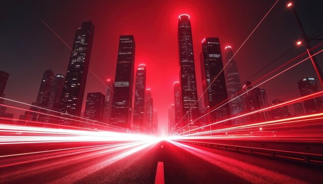 Night cityscape view with tall skyscrapers. Red light trails on a road show fast traffic flow. Modern urban skyline glows with vivid red illumination. Busy metropolis tech creates dynamic energy.