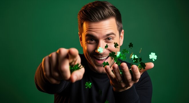 man celebrating st. patrick's day with shamrocks against a vibrant green background
