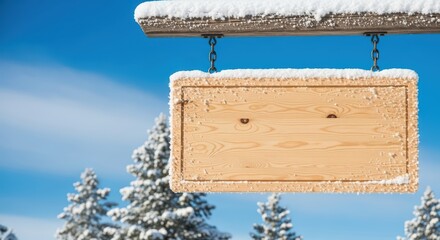 Snow-covered wooden sign against a winter pine forest backdrop