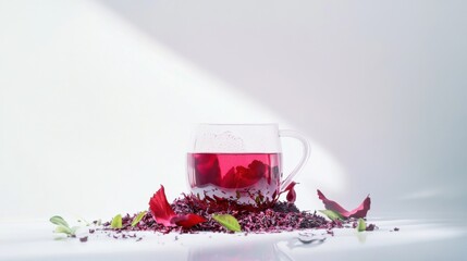 This vibrant cup of hibiscus tea, adorned with fresh petals and herbs, offers a refreshing beverage perfect for relaxation and enjoying life’s simple pleasures.