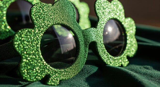 sparkly shamrock glasses reflecting sunlight celebrate st. patrick's day on green fabric